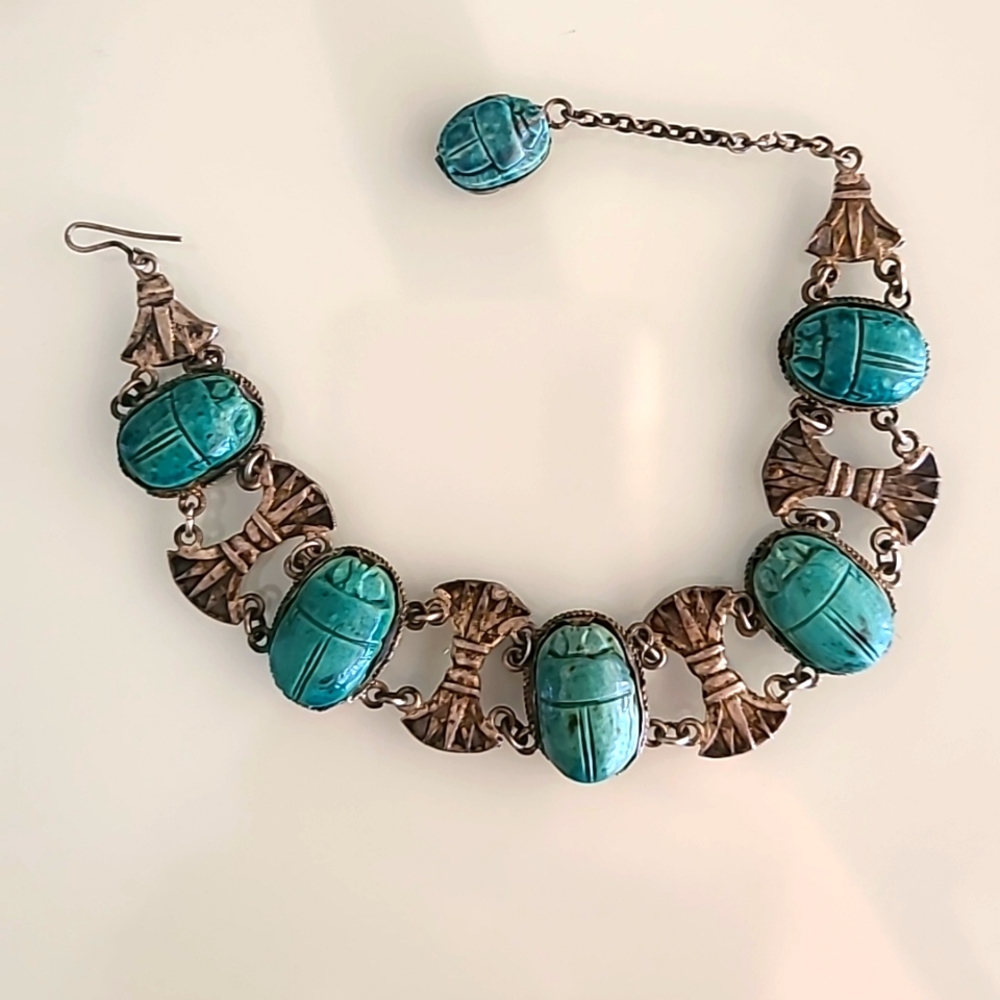 Antique Sterling Silver 1920's Egyptian Revival Beetle Bracelet